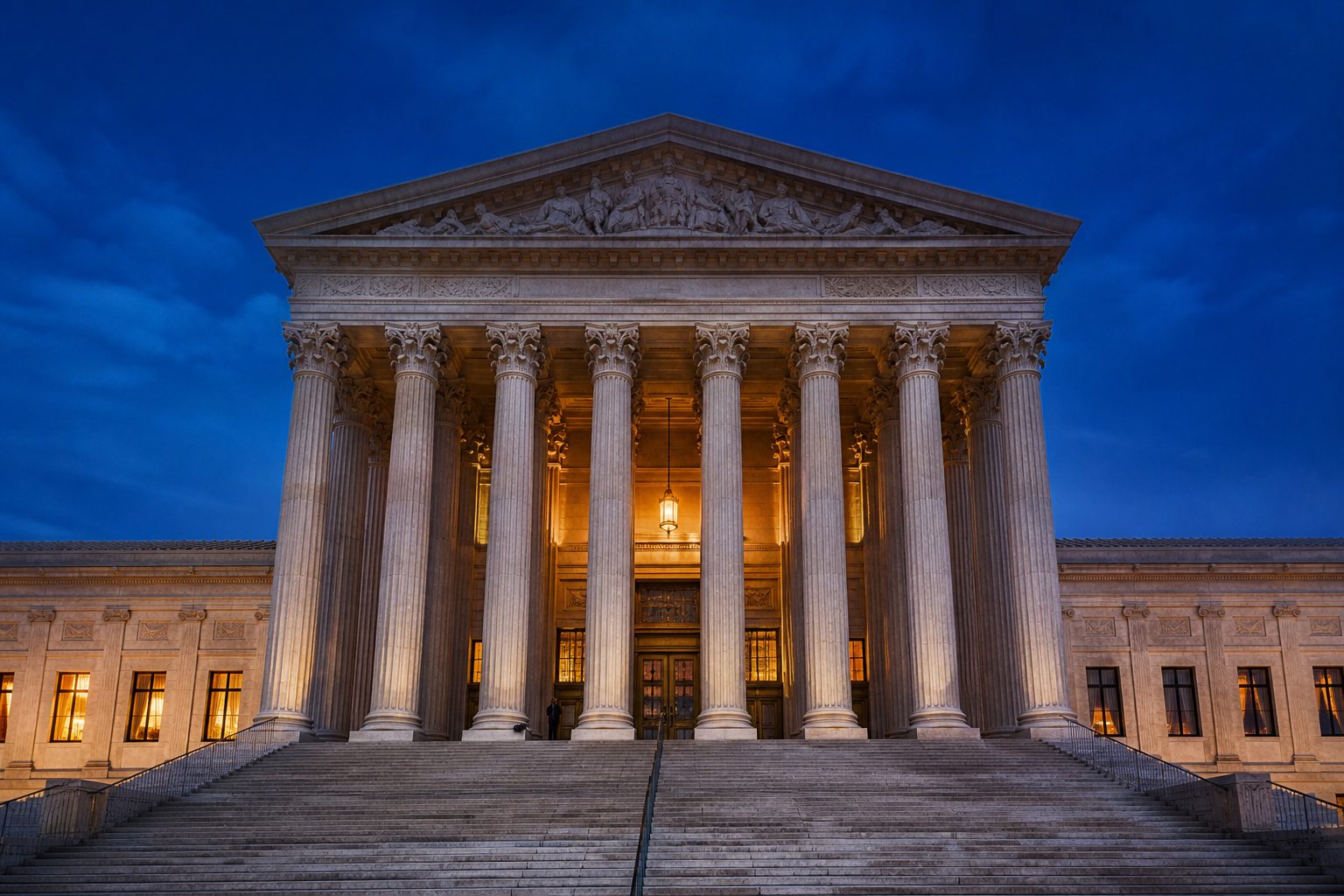 Neoclassical courthouse facade at dusk