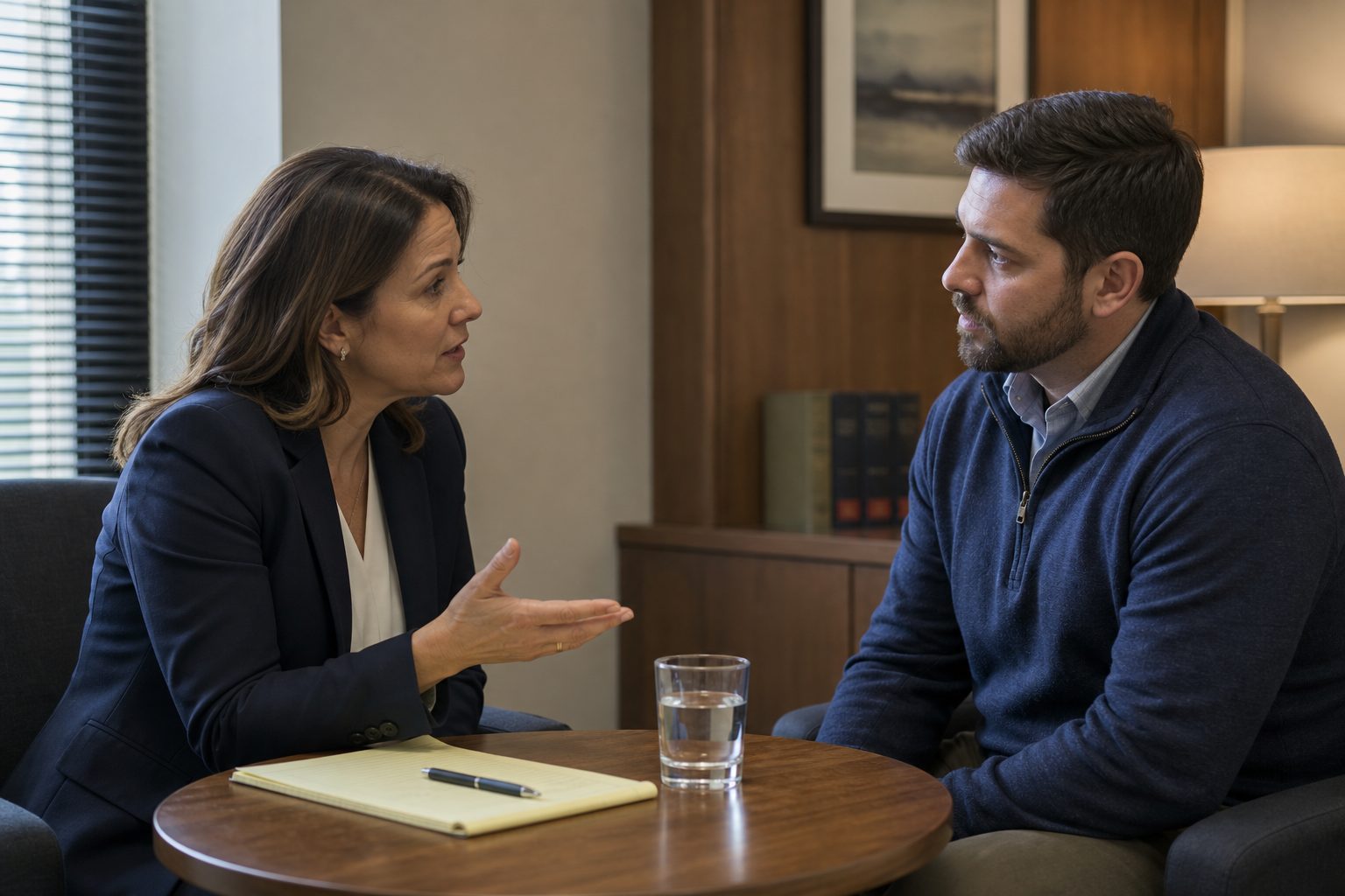 Trial consultant coaching a witness one-on-one at a small table in a law office